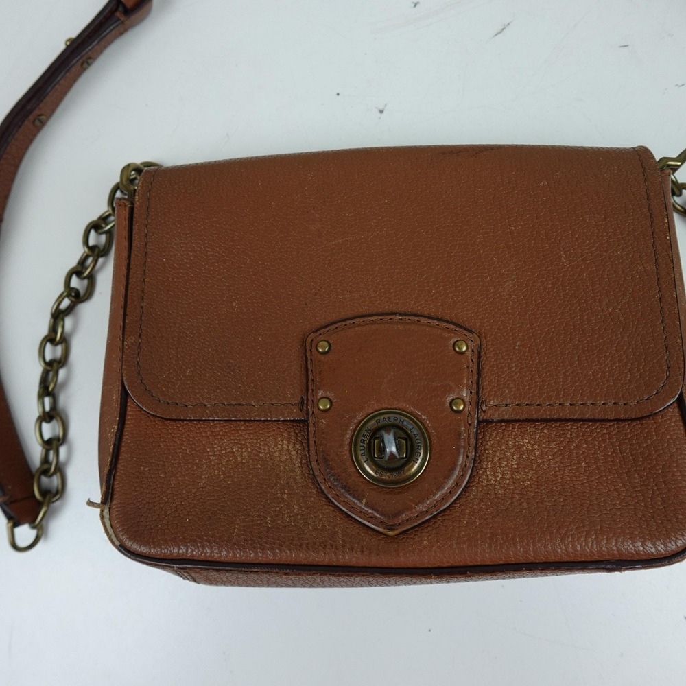Lauren Ralph Lauren Crossbody Bag Womens Small Brown Leather Chain Turnlock - Picture 2 of 11